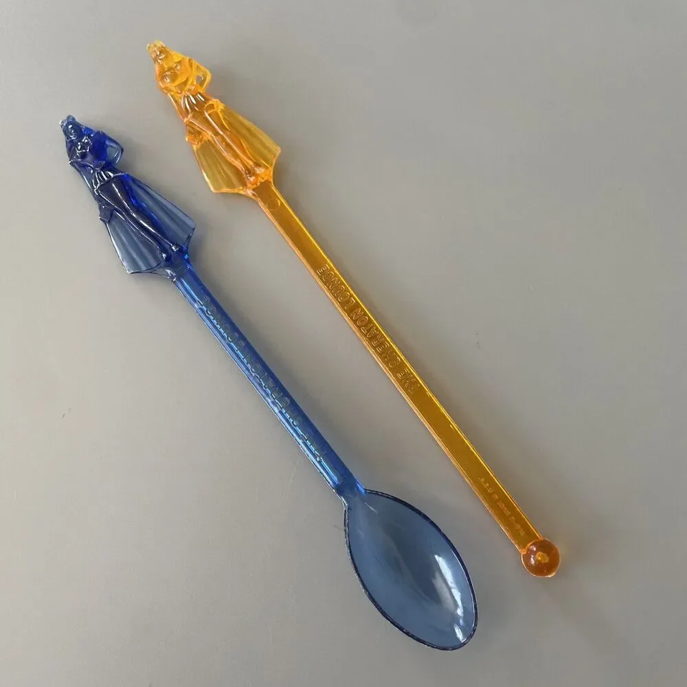 Rare 2 Vintage Figural Lady Ritz SHERATON LOUNGE Swizzle Stir Stick & Spoon
